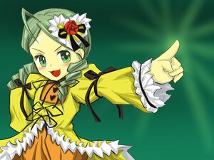 Rating: Safe Score: 0 Tags: 1girl ahoge dress drill_hair flower frills green_background green_eyes green_hair hair_ornament image kanaria long_hair long_sleeves open_mouth pointing ribbon rose simple_background smile solo twin_drills yellow_dress User: admin
