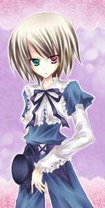 Rating: Safe Score: 0 Tags: 1girl blue_dress cowboy_shot dress frills green_eyes heterochromia holding image long_sleeves looking_at_viewer purple_background red_eyes ribbon short_hair solo souseiseki standing User: admin