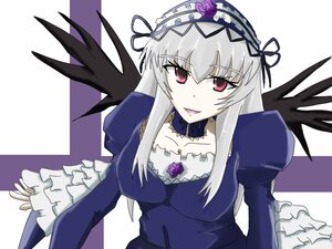 Rating: Safe Score: 0 Tags: 1girl black_wings breasts detached_collar dress flower frills hairband image juliet_sleeves long_hair long_sleeves looking_at_viewer pink_eyes puffy_sleeves red_eyes rose silver_hair solo suigintou wings User: admin