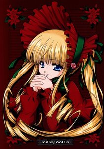 Rating: Safe Score: 0 Tags: 1girl blonde_hair blue_eyes bonnet bow drill_hair flower green_bow image long_hair long_sleeves looking_at_viewer own_hands_together red_flower rose shinku sidelocks solo twintails upper_body User: admin