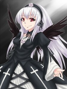 Rating: Safe Score: 0 Tags: 1girl black_ribbon black_wings collar commentary_request cross dress flower frills gothic_lolita hairband image juliet_sleeves lolita_fashion long_hair long_sleeves looking_at_viewer pink_eyes puffy_sleeves red_eyes ribbon rose rozen_maiden silver_hair smile solo suigintou toya_(yuyasilust) white_flower white_rose wings User: admin