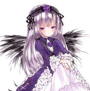 Rating: Safe Score: 0 Tags: 1girl bangs black_wings blush closed_mouth dress eyebrows_visible_through_hair flower frills hairband image lolita_fashion lolita_hairband long_hair long_sleeves looking_at_viewer purple_eyes purple_flower purple_rose rose silver_hair solo suigintou very_long_hair white_background wings User: admin