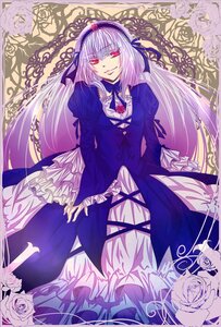 Rating: Safe Score: 0 Tags: 1girl dress flower frills hairband image long_hair long_sleeves looking_at_viewer purple_flower purple_rose red_eyes rose smile solo suigintou very_long_hair white_rose User: admin