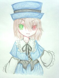 Rating: Safe Score: 0 Tags: 1girl :d blonde_hair blue_dress capelet dress frills green_eyes hat heterochromia image long_sleeves looking_at_viewer open_mouth red_eyes ribbon short_hair simple_background smile solo souseiseki traditional_media upper_body User: admin