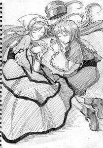 Rating: Safe Score: 0 Tags: 2girls capelet closed_eyes dress frills greyscale hat hat_removed headwear_removed image long_hair long_sleeves monochrome multiple_girls pair sleeping souseiseki suiseiseki traditional_media wide_sleeves User: admin