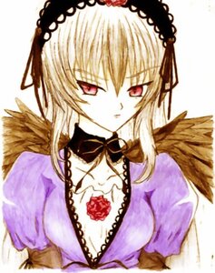 Rating: Safe Score: 0 Tags: 1girl black_wings detached_collar dress expressionless flower frills hairband image long_hair looking_at_viewer pale_skin puffy_sleeves red_eyes ribbon rose solo suigintou upper_body wings User: admin