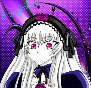 Rating: Safe Score: 0 Tags: 1girl closed_mouth dress flower frills hairband halftone halftone_background image long_hair looking_at_viewer polka_dot polka_dot_background purple_background rose silver_hair solo suigintou User: admin