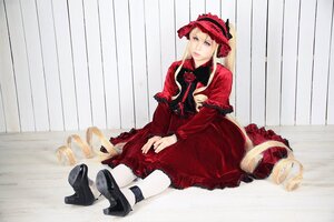 Rating: Safe Score: 0 Tags: 1girl black_footwear blonde_hair blue_eyes bonnet doll_joints dress flower high_heels lolita_fashion red_dress rose shinku shoes sitting solo User: admin