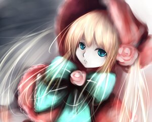 Rating: Safe Score: 0 Tags: 1girl blonde_hair blue_eyes bonnet bow cla commentary_request dress flower hat image long_hair long_sleeves looking_at_viewer partial_commentary pink_flower pink_rose red_dress rose rozen_maiden shinku solo very_long_hair User: admin