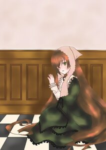 Rating: Safe Score: 0 Tags: 1girl argyle argyle_background brown_hair checkered checkered_background checkered_floor dress green_dress green_eyes hair_over_one_eye image long_hair long_sleeves solo suiseiseki tile_floor tiles very_long_hair User: admin