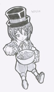 Rating: Safe Score: 0 Tags: 1girl blue_theme bowl dated full_body greyscale hat holding image long_sleeves monochrome ribbon short_hair smile solo souseiseki User: admin