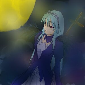 Rating: Safe Score: 0 Tags: 1girl bangs cowboy_shot dress hairband half-closed_eyes image long_hair long_sleeves night puffy_sleeves purple_eyes solo standing suigintou wings User: admin