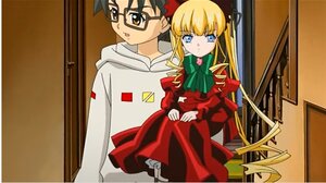 Rating: Safe Score: 0 Tags: 1boy 1girl black_hair blonde_hair blue_eyes bonnet bow bowtie dress glasses image long_hair long_sleeves looking_at_viewer red_dress shinku solo User: admin