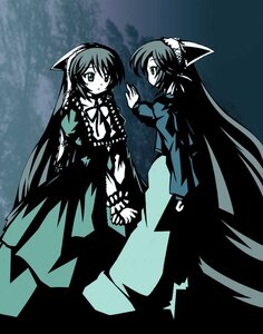 Rating: Safe Score: 0 Tags: 2girls dress frills hairband image lolita_hairband long_hair long_sleeves monochrome multiple_girls solo standing suiseiseki very_long_hair User: admin