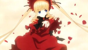 Rating: Safe Score: 0 Tags: 1girl blonde_hair blue_eyes bonnet bow dress drill_hair flower image long_hair long_sleeves looking_at_viewer petals red_dress rose rose_petals shinku solo twintails yellow_background User: admin
