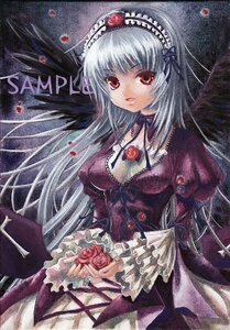 Rating: Safe Score: 0 Tags: 1girl breasts dress flower frills gothic_lolita hairband image lolita_fashion long_hair long_sleeves looking_at_viewer marker_(medium) petals red_eyes rose silver_hair solo suigintou traditional_media wings User: admin