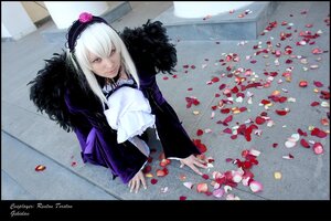 Rating: Safe Score: 0 Tags: 1girl dress flower frills from_above hairband letterboxed long_hair long_sleeves looking_at_viewer petals red_eyes rose rose_petals silver_hair solo suigintou User: admin
