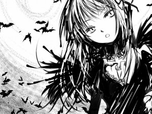 Rating: Safe Score: 0 Tags: 1girl auto_tagged bat bird dress greyscale image long_hair monochrome open_mouth ribbon solo suigintou User: admin