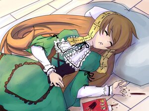 Rating: Safe Score: 0 Tags: 1girl auto_tagged brown_hair closed_eyes dress frills green_dress image long_hair long_sleeves lying on_back pillow sleeping solo suiseiseki very_long_hair User: admin