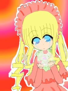 Rating: Safe Score: 0 Tags: 1girl blonde_hair blue_eyes bonnet dress frills image long_hair long_sleeves looking_at_viewer orange_background shinku simple_background solo tears upper_body User: admin