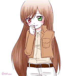 Rating: Safe Score: 0 Tags: 1girl belt blush brown_hair buckle green_eyes heterochromia image jacket long_hair long_sleeves looking_at_viewer pants red_eyes shirt simple_background smile solo striped striped_background suiseiseki vertical_stripes very_long_hair white_background User: admin