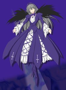 Rating: Safe Score: 0 Tags: 1girl black_wings closed_eyes dress frills full_body image long_hair long_sleeves purple_background silver_hair solo suigintou wings User: admin