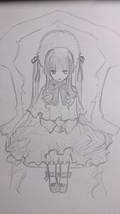 Rating: Safe Score: 0 Tags: 1girl dress frills greyscale image long_hair long_sleeves looking_at_viewer monochrome shinku sitting sketch solo traditional_media twintails very_long_hair User: admin