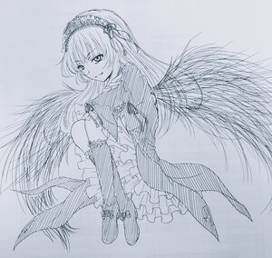 Rating: Safe Score: 0 Tags: 1girl dress feathered_wings frills full_body greyscale hairband image lolita_hairband long_hair long_sleeves looking_at_viewer monochrome shoes smile solo suigintou traditional_media wings User: admin