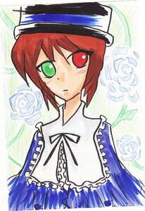 Rating: Safe Score: 0 Tags: 1girl blue_dress blush dress flower frills green_eyes hat heterochromia image looking_at_viewer red_eyes red_hair ribbon rose short_hair solo souseiseki upper_body white_flower white_rose User: admin