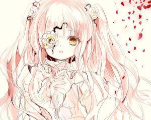 Rating: Safe Score: 0 Tags: 1girl flower hair_flower hair_ornament image kirakishou long_hair looking_at_viewer monochrome petals pink_hair rose solo two_side_up upper_body yellow_eyes User: admin