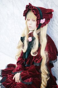 Rating: Safe Score: 0 Tags: 1girl bangs blonde_hair bonnet bow closed_eyes dress flower frills lolita_fashion long_hair long_sleeves red_dress rose shinku sitting solo User: admin