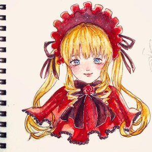 Rating: Safe Score: 0 Tags: 1girl artist_name bangs blonde_hair blue_eyes blush bonnet bow capelet character_name closed_mouth copyright_name drill_hair flower image long_hair looking_at_viewer marker_(medium) portrait red_capelet rose shinku signature simple_background smile solo striped traditional_media twin_drills twintails upper_body User: admin