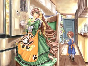 Rating: Safe Score: 0 Tags: 1boy 2girls 3girls apron blonde_hair brown_hair dress drill_hair green_dress green_eyes head_scarf image long_hair multiple_girls pair souseiseki suiseiseki twin_drills very_long_hair User: admin