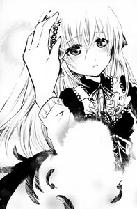 Rating: Safe Score: 0 Tags: 1girl bird black_feathers blush dress eyebrows_visible_through_hair feathered_wings feathers greyscale image long_hair looking_at_viewer monochrome ribbon solo suigintou upper_body wings User: admin