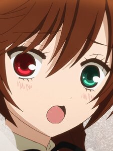 Rating: Safe Score: 0 Tags: 1 1girl bangs blush brown_hair close-up eyebrows_visible_through_hair face fang hair_between_eyes image looking_at_viewer open_mouth red_eyes simple_background solo suiseiseki white_background User: admin