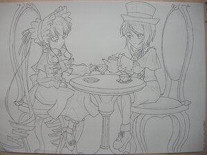 Rating: Safe Score: 0 Tags: 2girls boots bow capelet cup dress hat image lineart long_hair long_sleeves monochrome multiple_girls pair shinku short_hair sitting smile souseiseki teacup top_hat User: admin