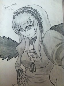 Rating: Safe Score: 0 Tags: 1girl black_wings breasts detached_collar dress feathered_wings frills hairband image long_hair long_sleeves looking_at_viewer monochrome ribbon shikishi signature smile solo suigintou traditional_media upper_body wings User: admin