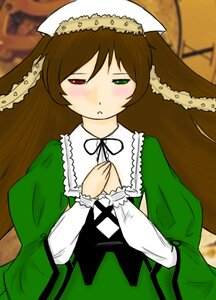 Rating: Safe Score: 0 Tags: 1girl bangs blurry blush brown_hair dress frills green_dress green_eyes half-closed_eyes image long_hair long_sleeves red_eyes solo suiseiseki very_long_hair User: admin