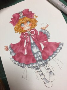 Rating: Safe Score: 0 Tags: 1girl blonde_hair bow cup dress flower frills hat hinaichigo image long_sleeves marker_(medium) open_mouth pink_bow rose short_hair smile solo traditional_media User: admin