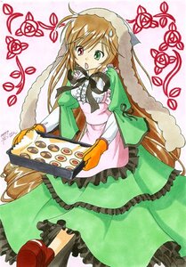 Rating: Safe Score: 0 Tags: 1girl :o brown_hair dress food frills gloves green_dress green_eyes heterochromia image long_hair long_sleeves open_mouth red_eyes solo standing suiseiseki very_long_hair User: admin
