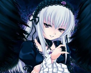 Rating: Safe Score: 0 Tags: 1girl black_dress black_ribbon black_wings detached_collar dress feathers flower frilled_sleeves frills hairband image juliet_sleeves lolita_hairband long_hair long_sleeves looking_at_viewer pink_eyes puffy_sleeves ribbon rose rozen_maiden silver_hair smile solo suigintou uni8 upper_body wings User: admin