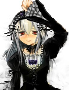 Rating: Safe Score: 0 Tags: 1girl bangs black_dress black_ribbon blush cross-laced_clothes detached_collar dress frills hairband image juliet_sleeves lolita_hairband long_hair long_sleeves looking_at_viewer puffy_sleeves red_eyes ribbon silver_hair smile solo suigintou upper_body white_background wings User: admin