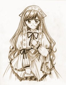 Rating: Safe Score: 0 Tags: 1girl braid dress frills image long_hair long_sleeves looking_at_viewer monochrome ribbon smile solo suiseiseki traditional_media twin_braids very_long_hair User: admin