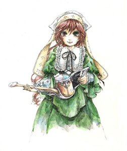 Rating: Safe Score: 0 Tags: 1girl dress frills green_dress green_eyes hat head_scarf holding image long_sleeves looking_at_viewer ribbon simple_background smile solo suiseiseki watering_can white_background User: admin