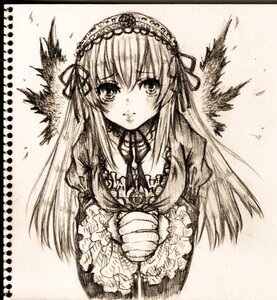 Rating: Safe Score: 0 Tags: 1girl detached_collar dress flower frills greyscale hairband image letterboxed long_hair long_sleeves looking_at_viewer monochrome ribbon rose simple_background solo suigintou traditional_media upper_body very_long_hair wings User: admin