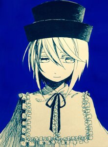 Rating: Safe Score: 0 Tags: 1girl blue_background blue_theme closed_mouth frills hair_between_eyes hat image looking_at_viewer monochrome neck_ribbon ribbon short_hair smile solo souseiseki upper_body User: admin