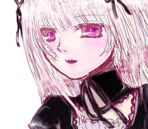 Rating: Safe Score: 0 Tags: 1girl bangs black_dress black_ribbon eyebrows_visible_through_hair image looking_at_viewer purple_eyes ribbon simple_background smile solo suigintou white_background white_hair User: admin