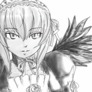 Rating: Safe Score: 0 Tags: 1girl closed_mouth feathered_wings flower greyscale image long_sleeves looking_at_viewer monochrome ribbon rose solo striped suigintou upper_body wings User: admin