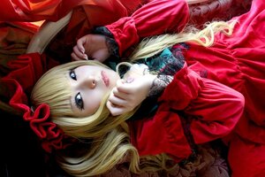 Rating: Safe Score: 0 Tags: 1girl bangs blonde_hair blue_eyes bow dress flower lace lips long_hair long_sleeves looking_at_viewer lying realistic red_dress ribbon rose shinku solo User: admin