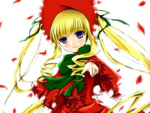 Rating: Safe Score: 0 Tags: 1girl blonde_hair blue_eyes bonnet bow bowtie dress flower green_bow green_neckwear image long_hair long_sleeves looking_at_viewer petals red_dress rose_petals shinku sidelocks simple_background smile solo twintails very_long_hair white_background User: admin